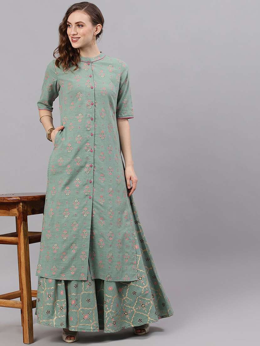 women printed short sleeves straight kurta