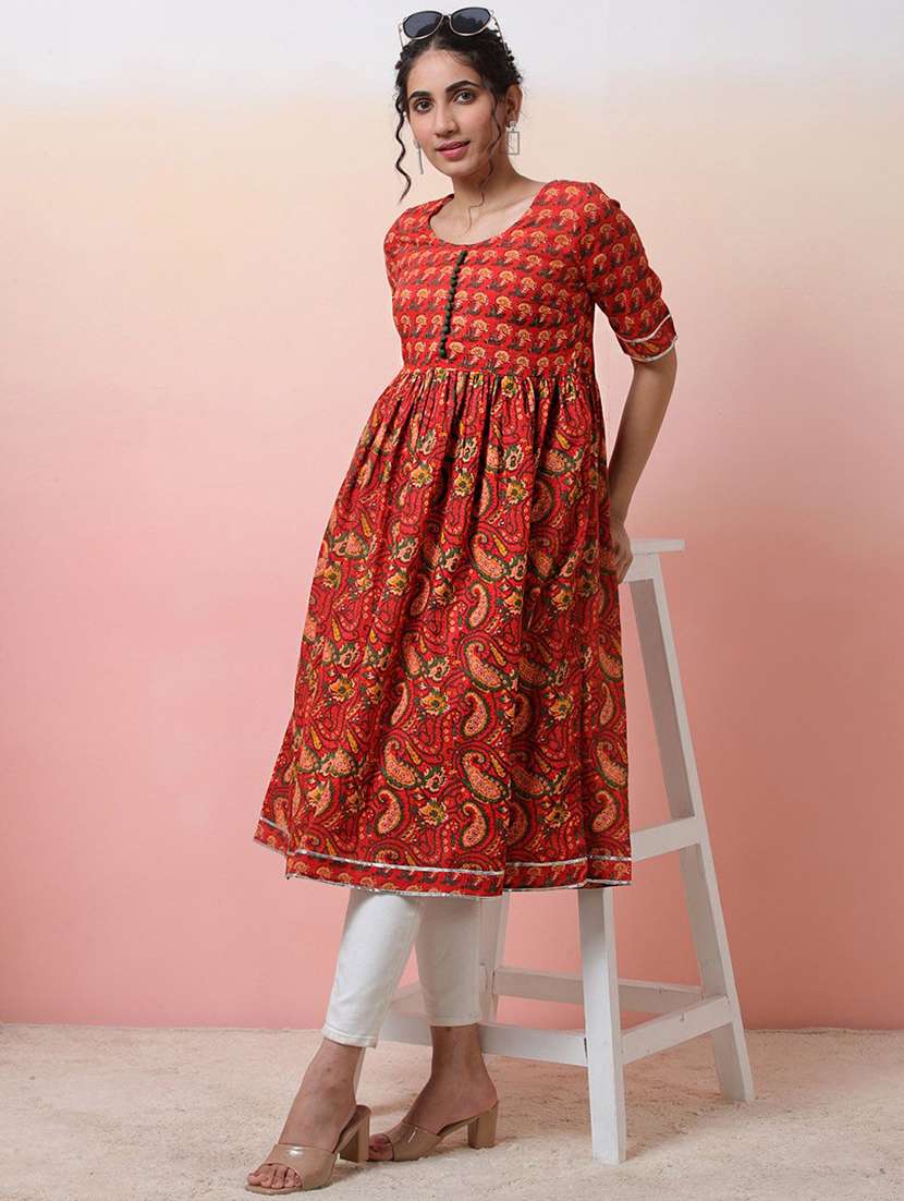 women printed short sleeve a-line kurta - 22579199 -  Standard Image - 5