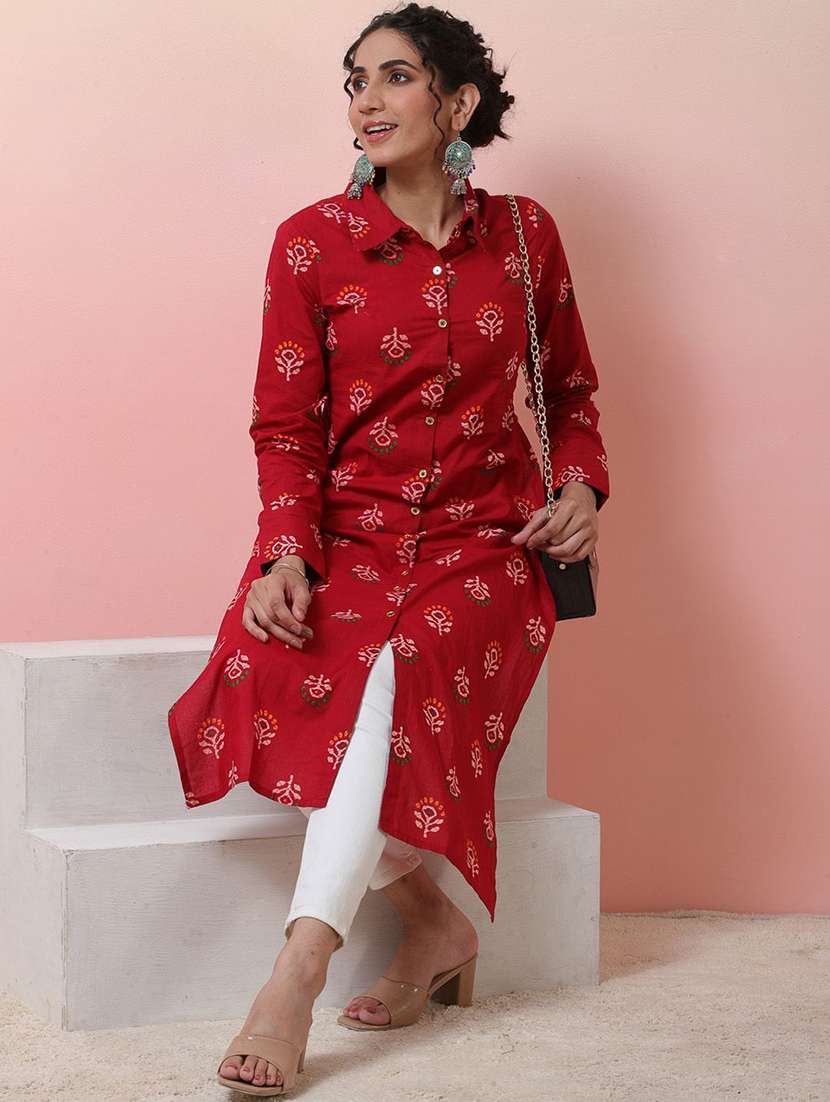 women printed long sleeves straight kurta