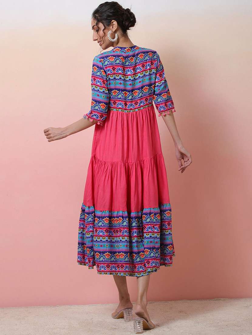 women printed three quarter sleeve ethnic dress - 22579210 -  Standard Image - 3