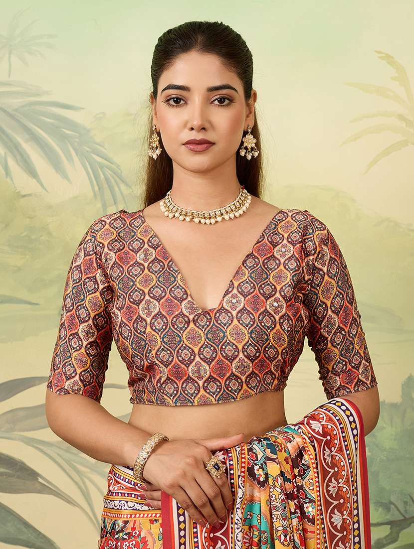 women printed mirror work saree with blouse - 22579260 -  Standard Image - 5