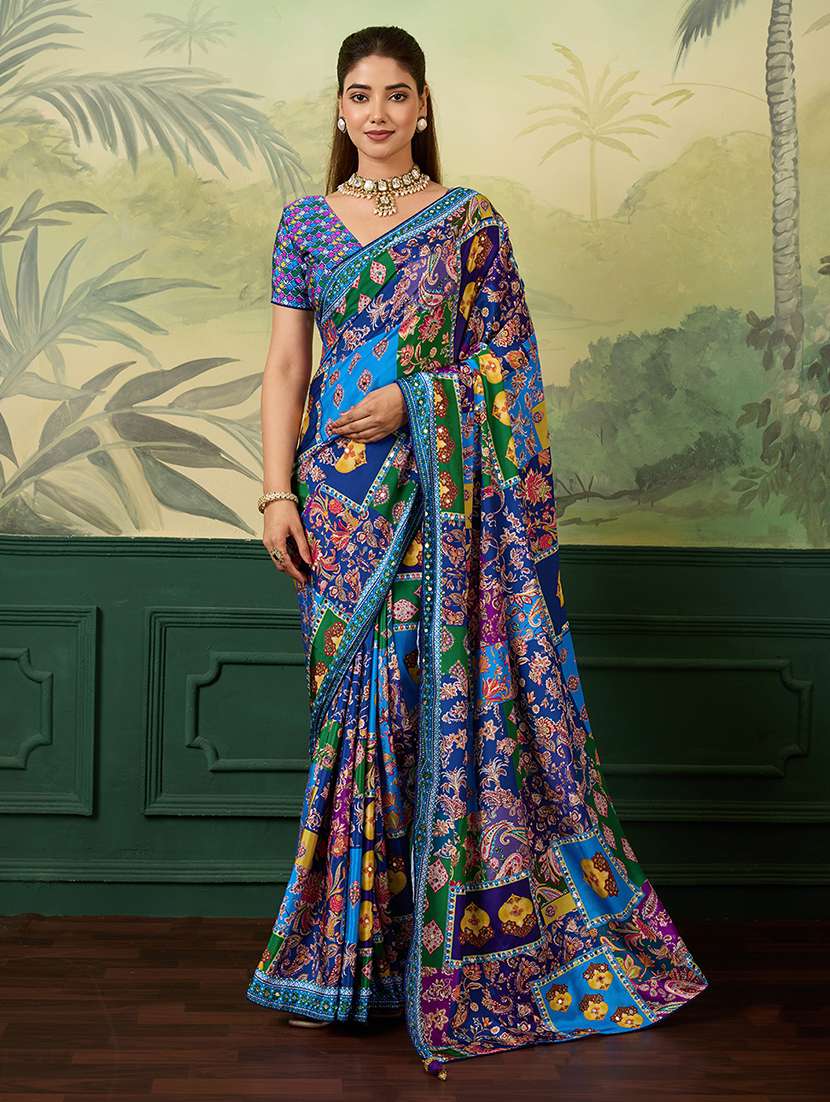 women printed mirror work saree with blouse