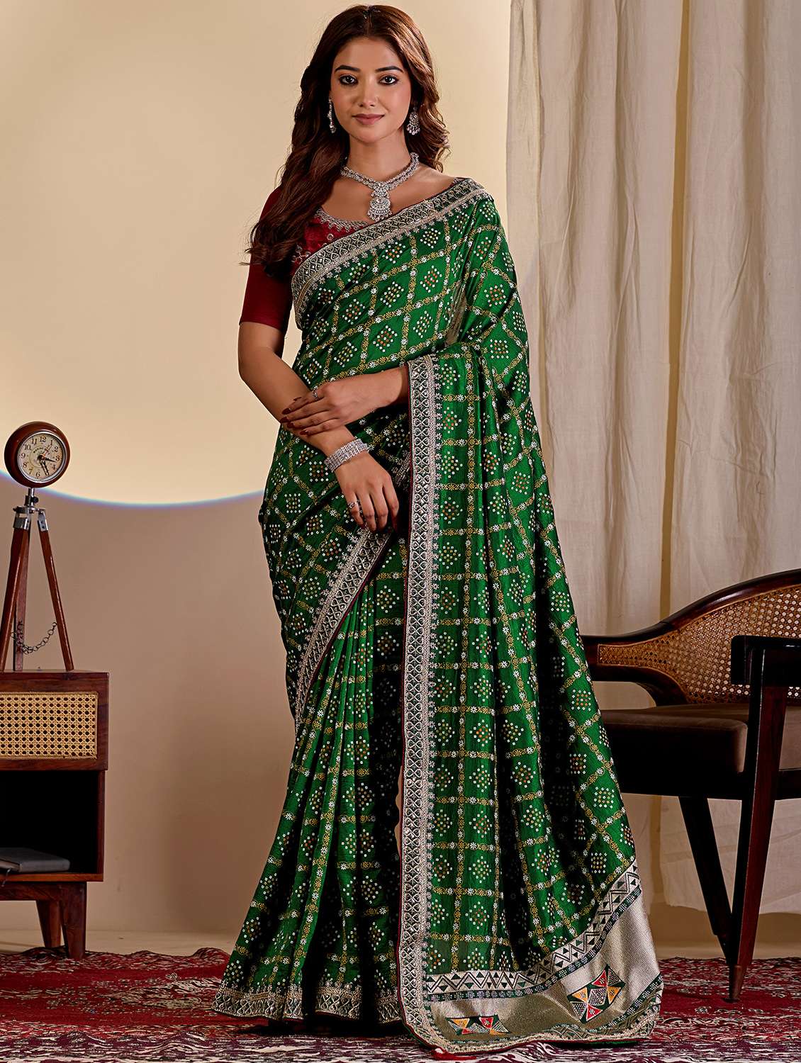 women bandhani printed saree with blouse
