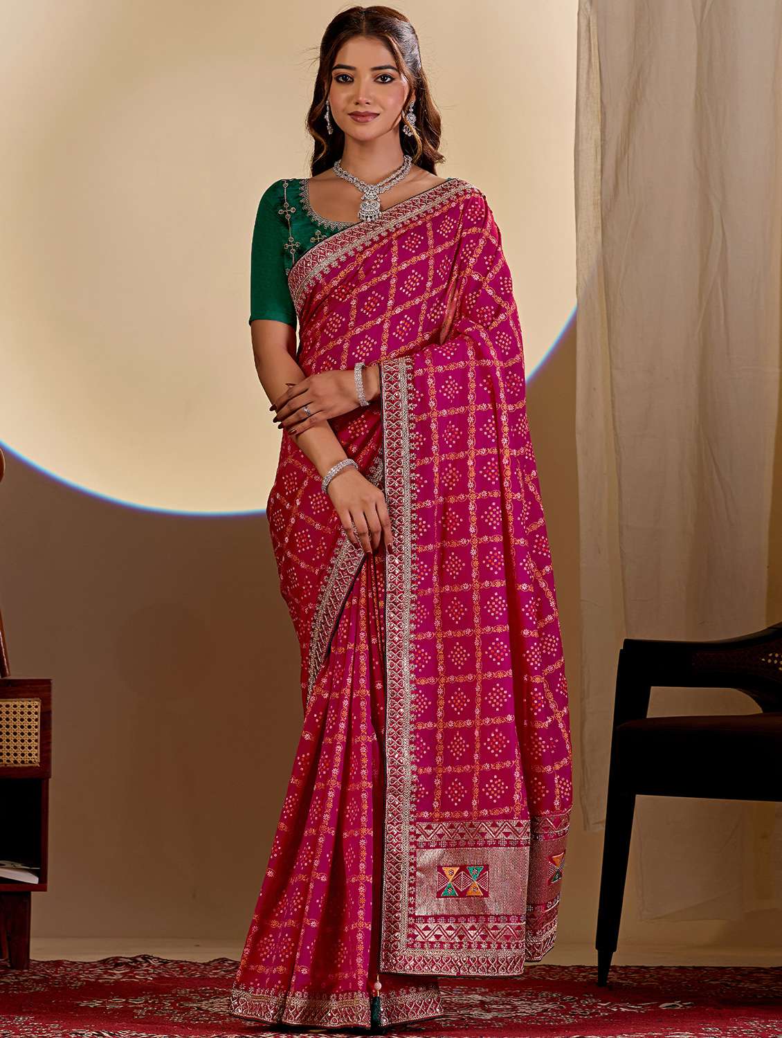 women bandhani printed saree with blouse