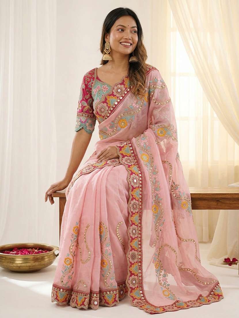 women solid with work embroidered saree with blouse - 22579312 -  Standard Image - 3
