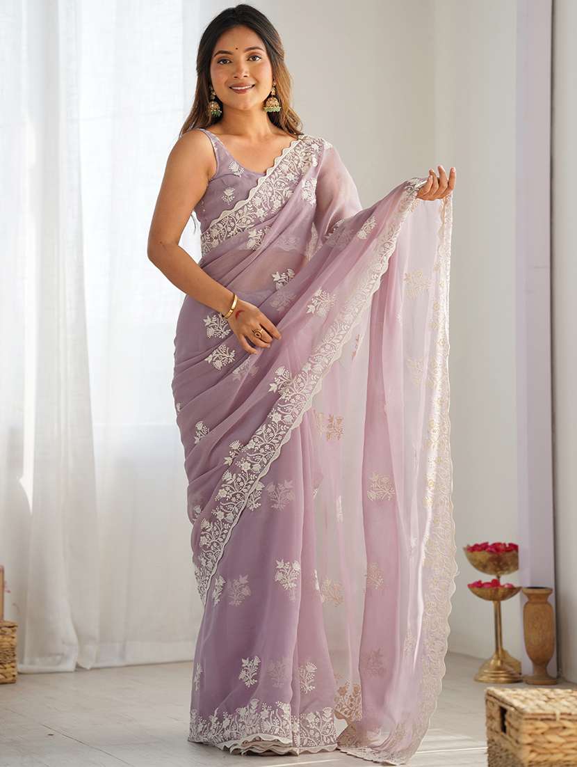 women solid with work embroidered saree with blouse