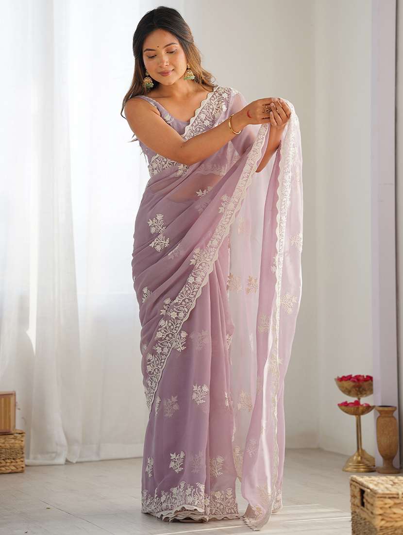 women solid with work embroidered saree with blouse - 22579342 -  Standard Image - 3