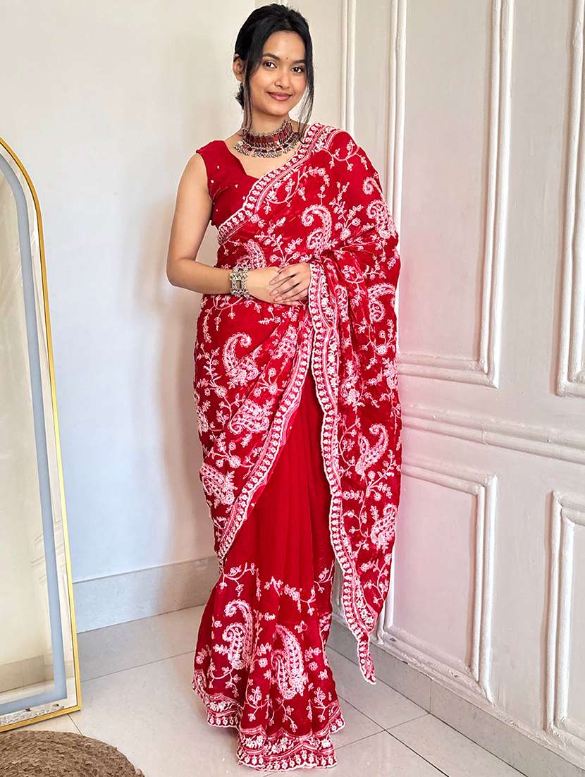 women solid with work embroidered saree with blouse