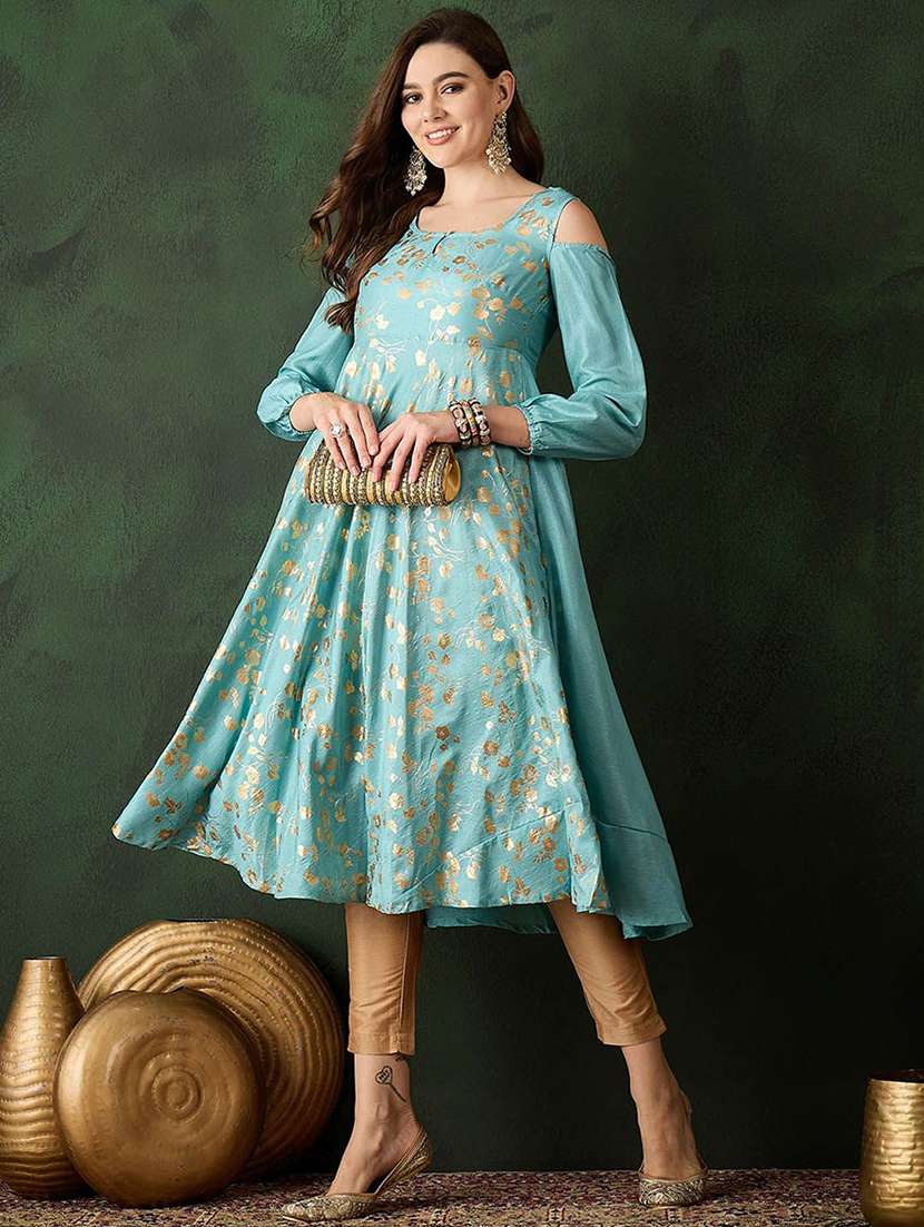 women foil printed cold shoulder anarkali kurta