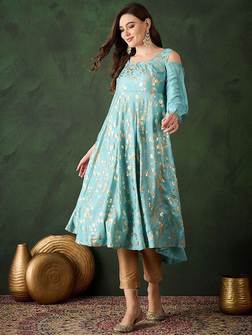women foil printed cold shoulder anarkali kurta - 22579390 -  Standard Image - 3