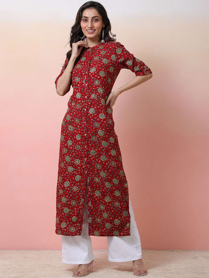 women printed three quarter sleeves straight kurta