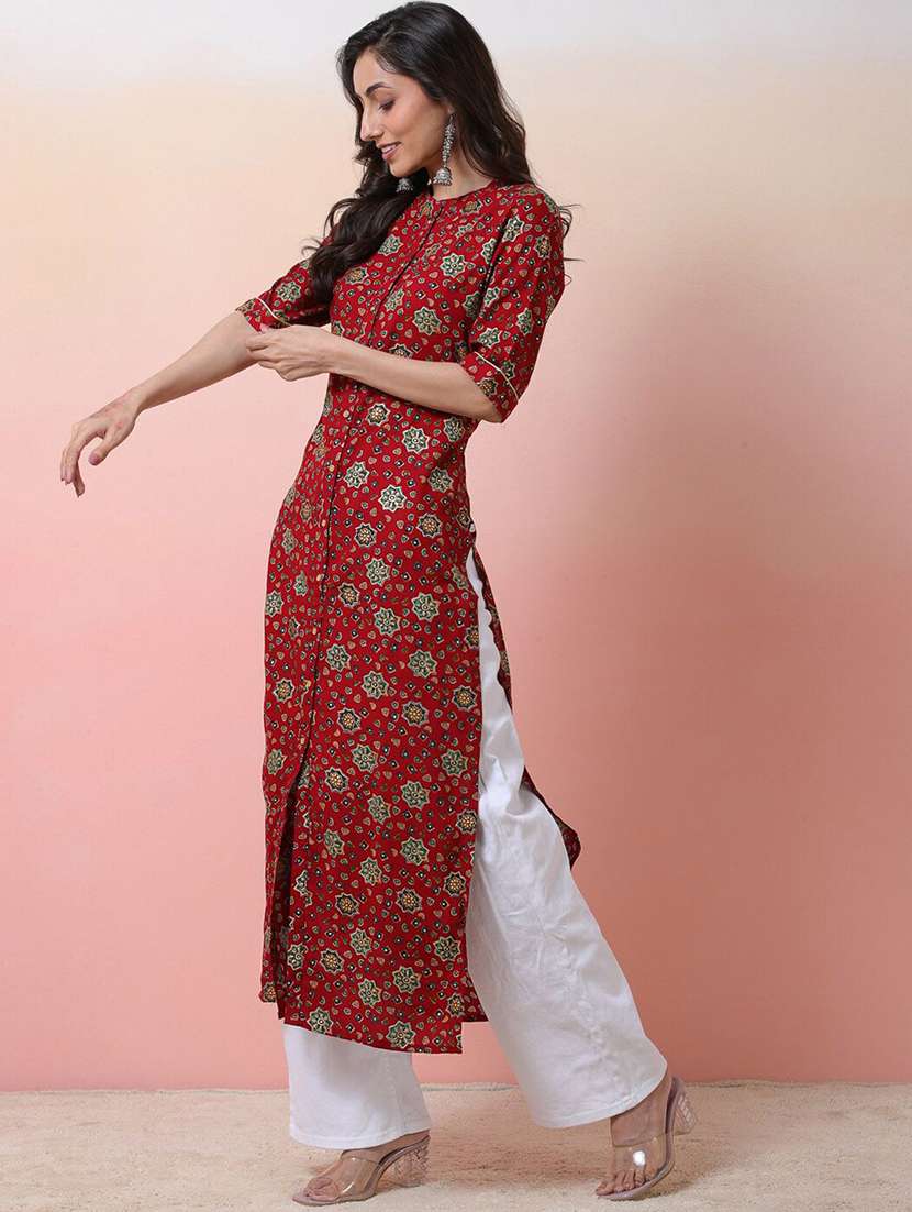 women printed three quarter sleeves straight kurta - 22579392 -  Standard Image - 3
