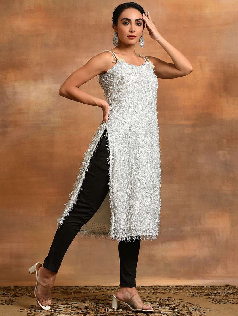 women embellished shoulder strap straight kurta
