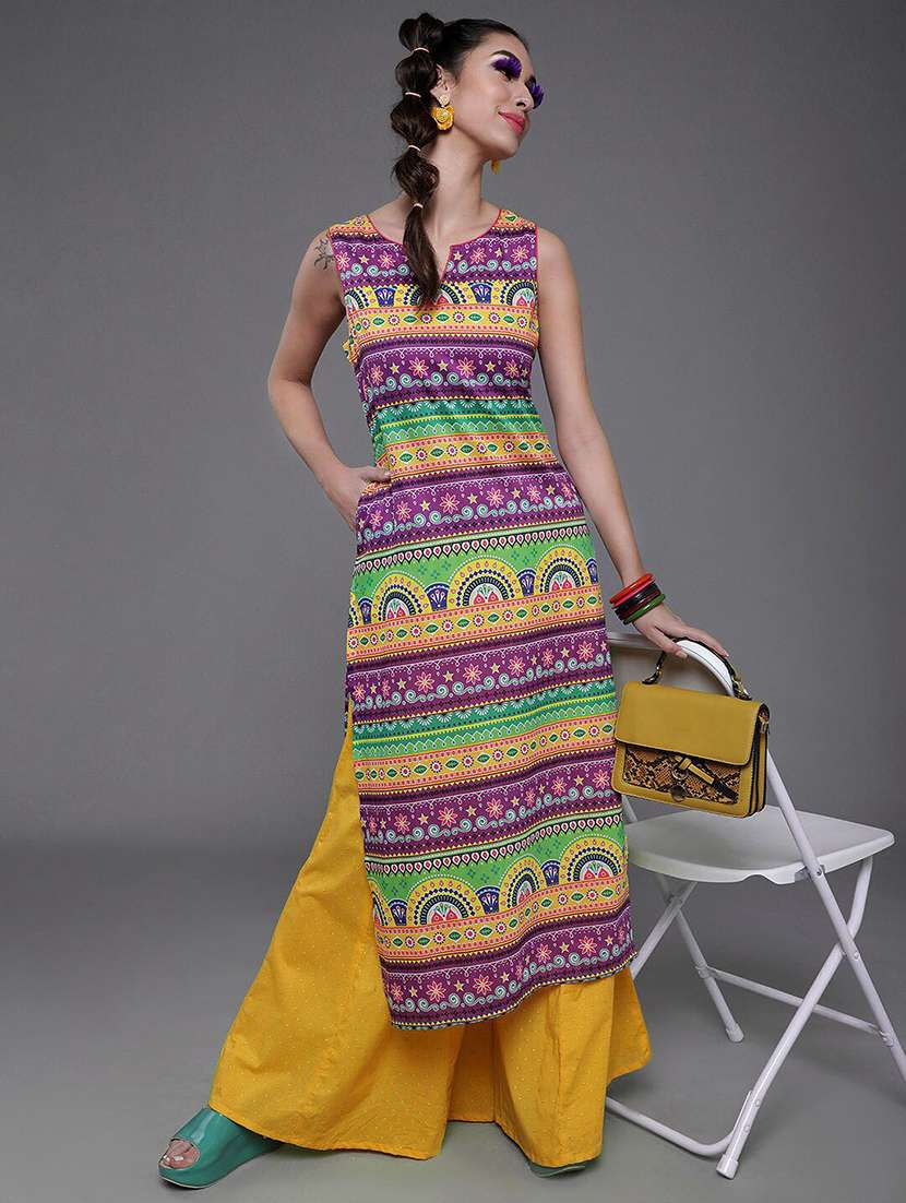 women printed notch neck straight kurta