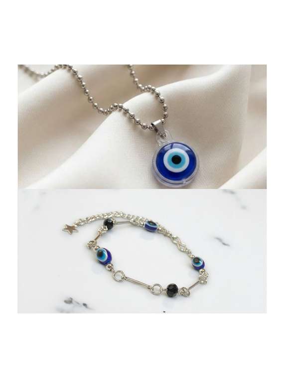 silver evil eye pendant chain and bracelet combo