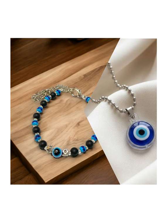 silver evil eye pendant chain and bracelet combo
