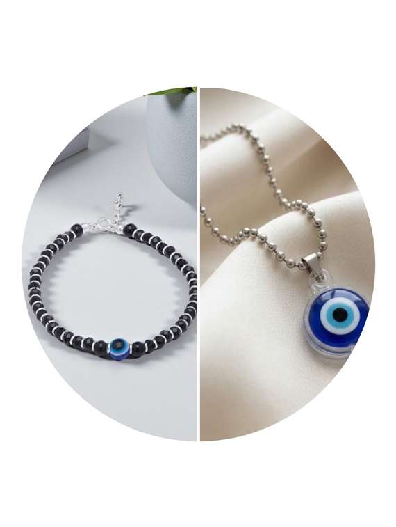 silver evil eye bracelet necklace jewellery combo