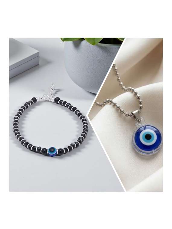 silver evil eye pendant chain and bracelet combo 