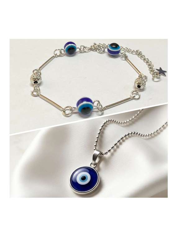 silver evil eye pendant chain and bracelet set