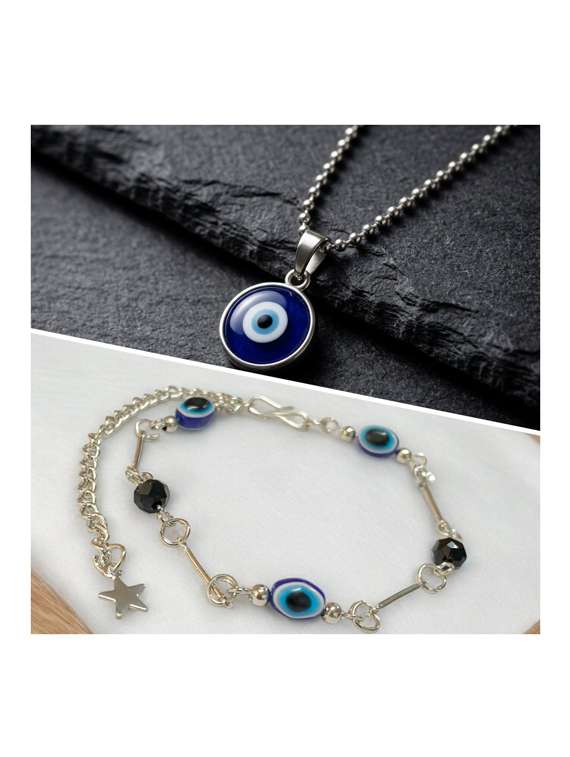 silver evil eye pendant chain & beaded bracelet combo