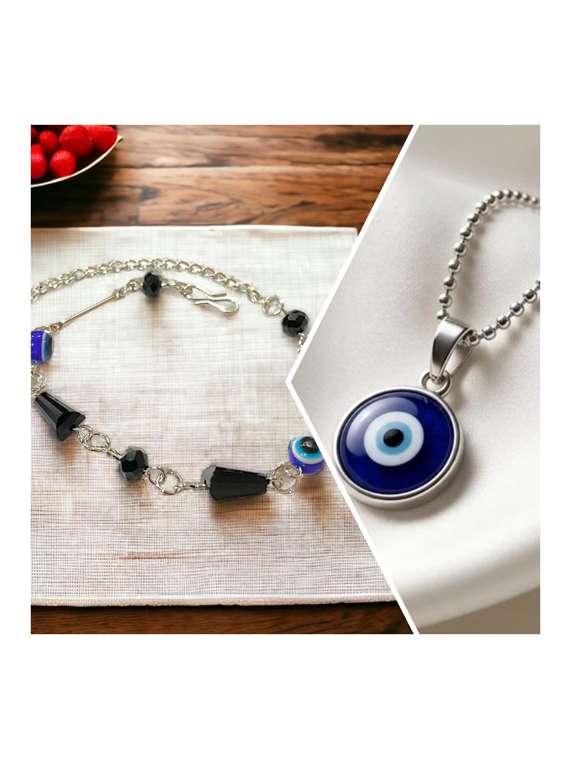 silver evil eye pendant chain and beaded bracelet combo