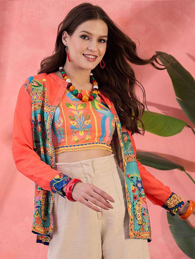women printed long sleeves shirtt with crop top