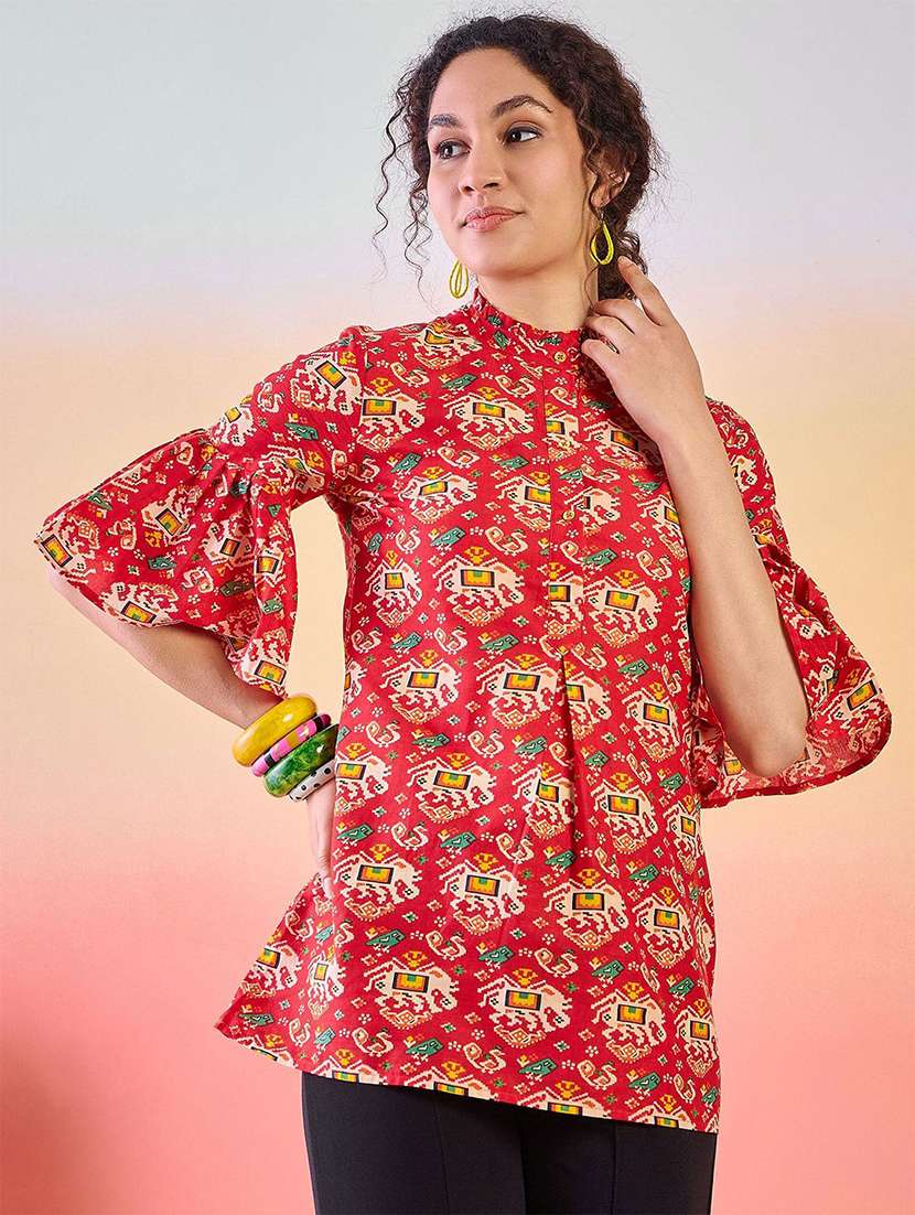 women printed bell sleeves a-line kurti