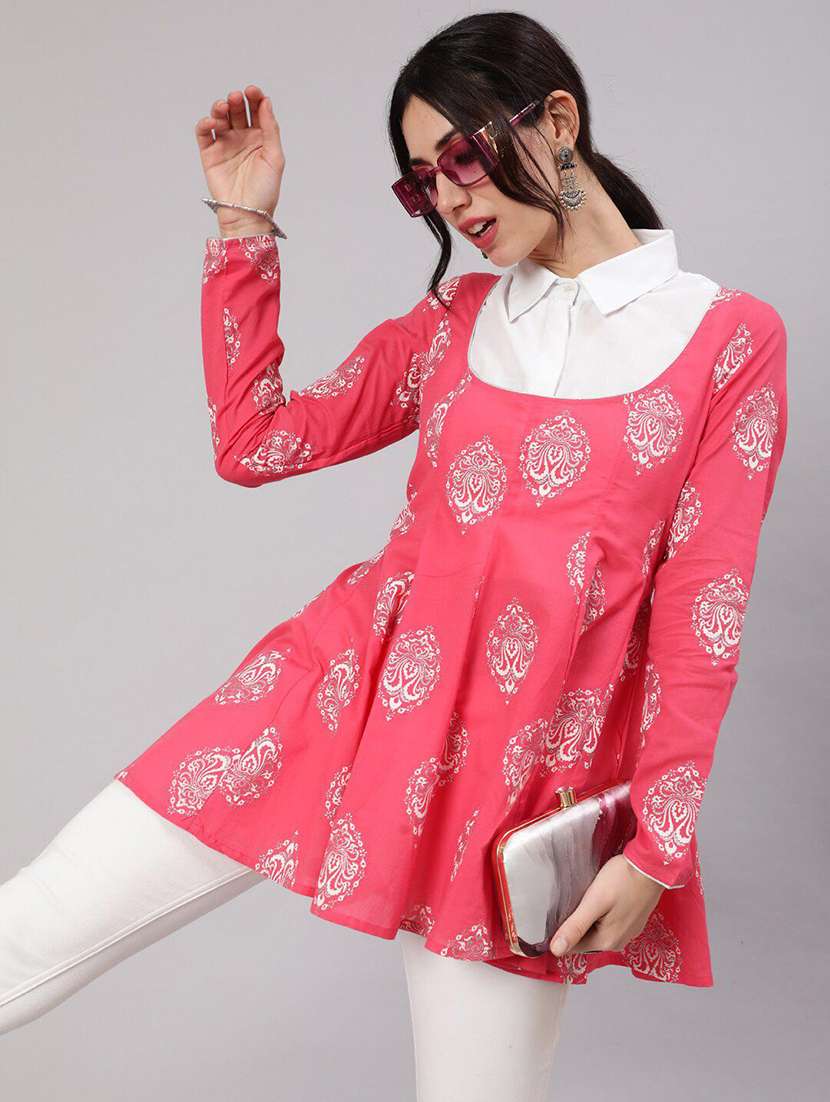 women printed long sleeves flared kurti