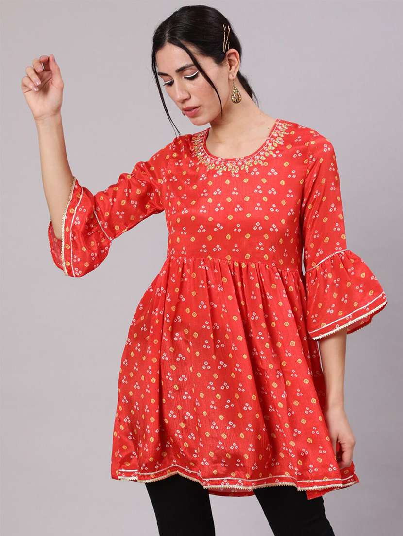 women printed bell sleeves flared kurti