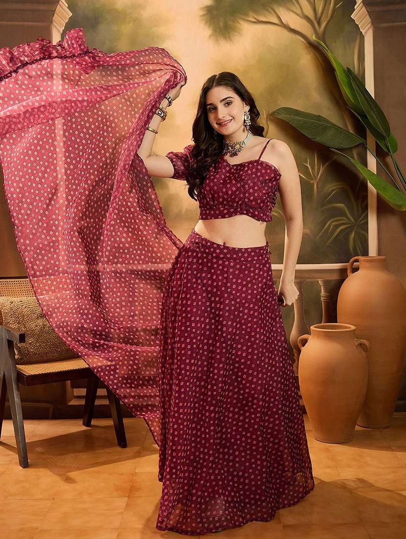 women printed sleeveless lehenga choli set