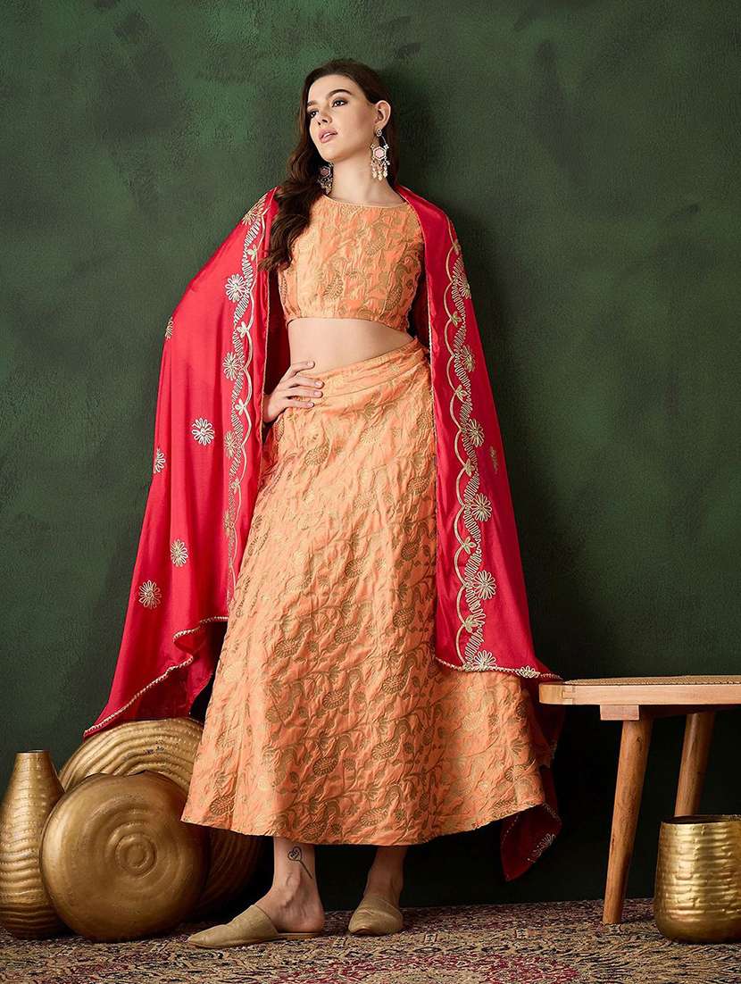 women self design short sleeves lehenga choli set