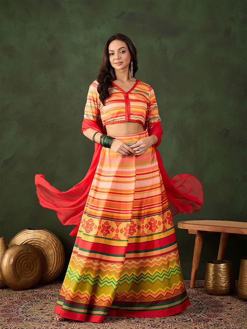 women printed short sleeves lehenga choli set