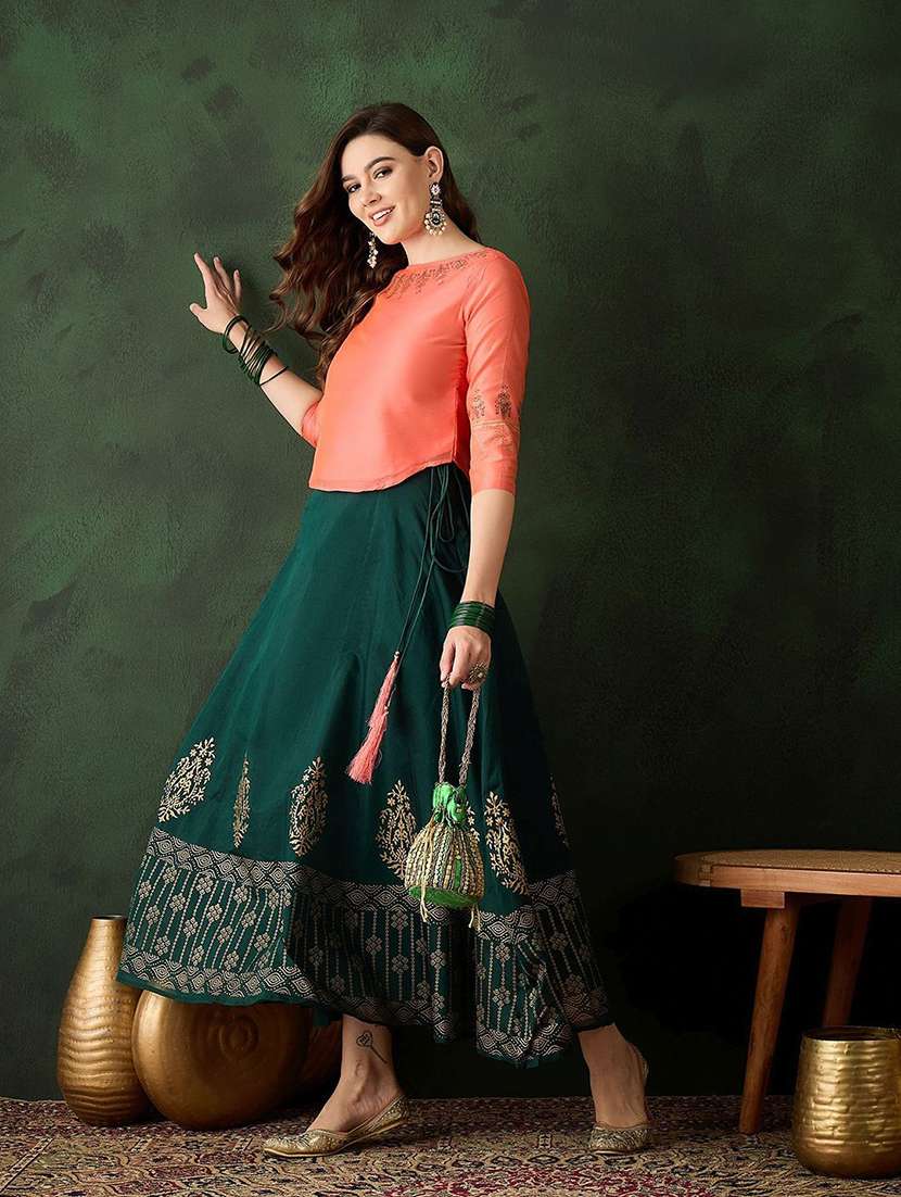 women printed three quarter sleeve skirt top set