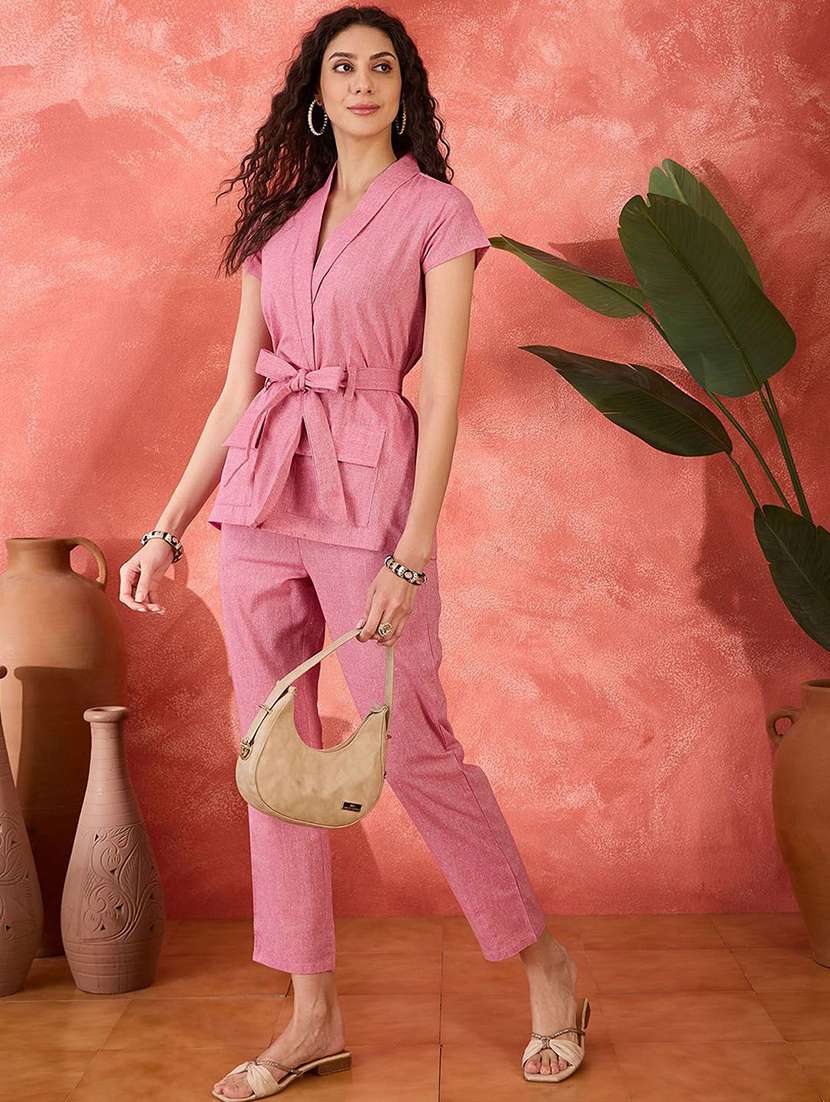 women solid short sleeves jacket and trouser co-ord set