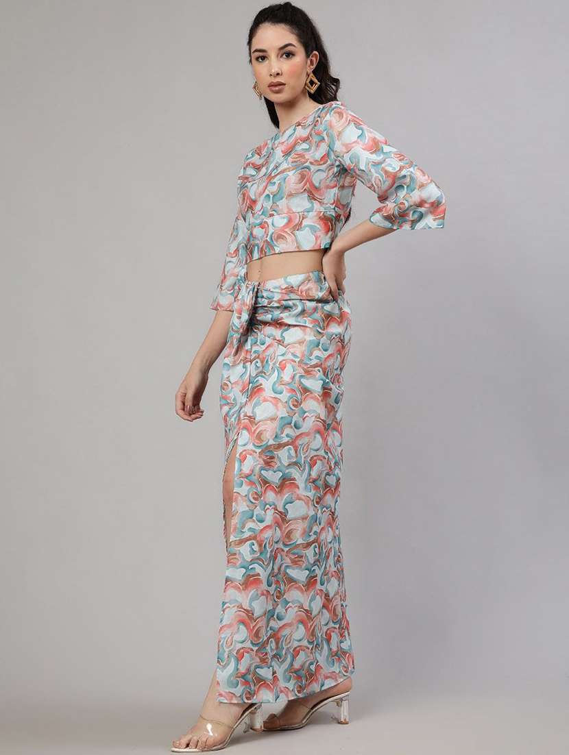 women printed three quarter sleeves top and skirt co-ord set  - 22579510 -  Standard Image - 3