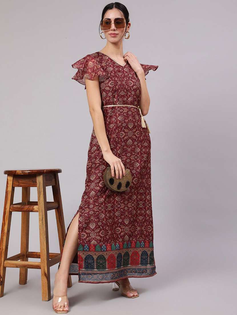 women printed flared sleeves a-line dress