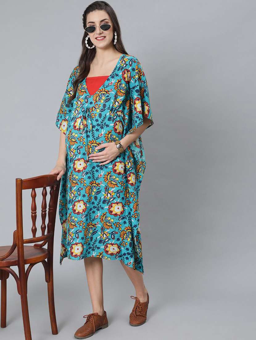 women printed v neck maternity kaftan dress