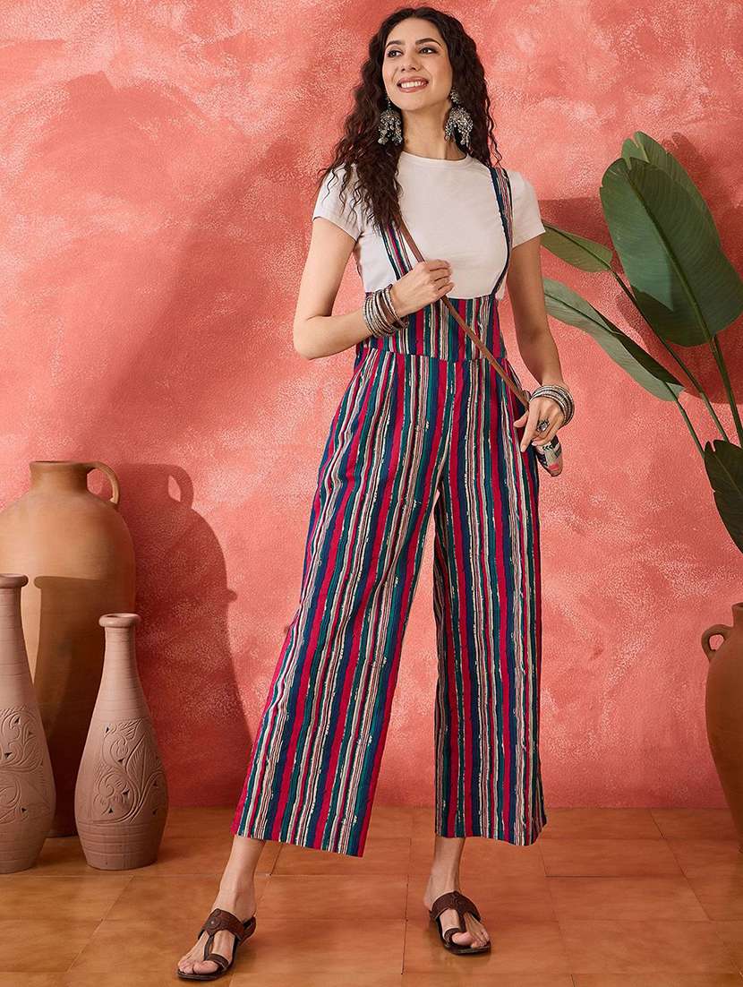 women printed sleeveless calf length dungaree