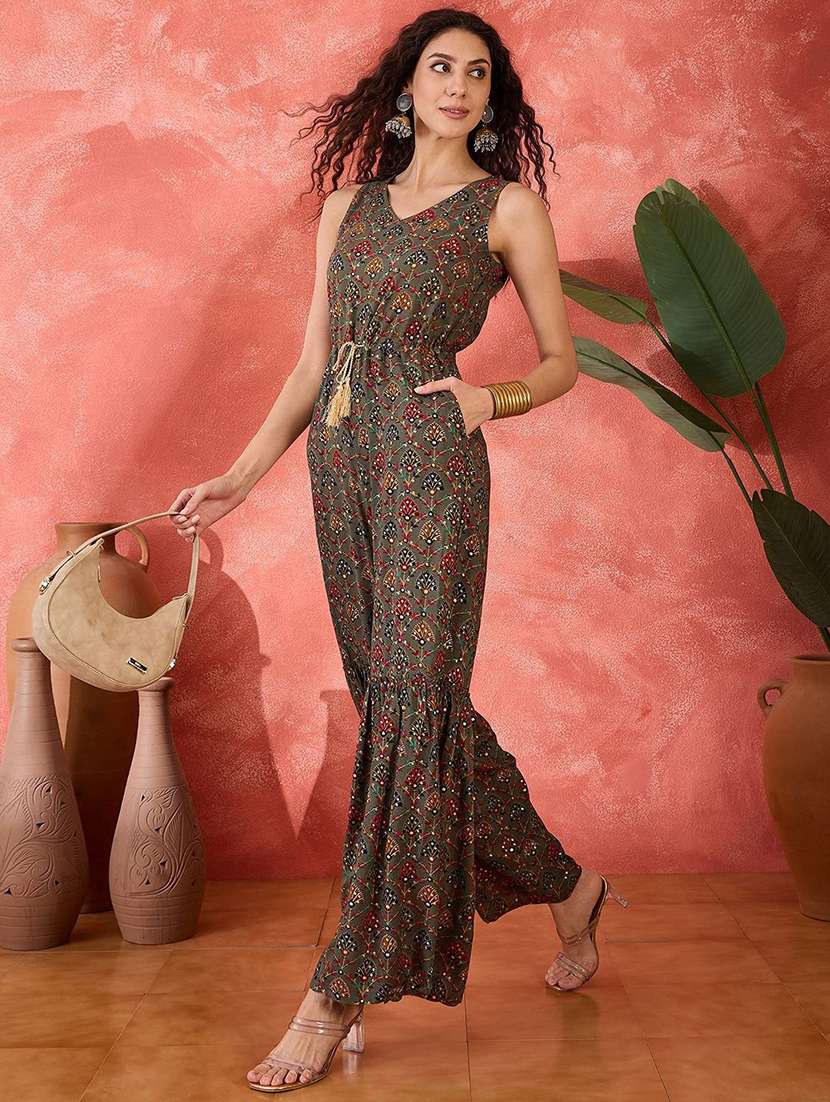 women printed sleeveless full leg jumpsuit