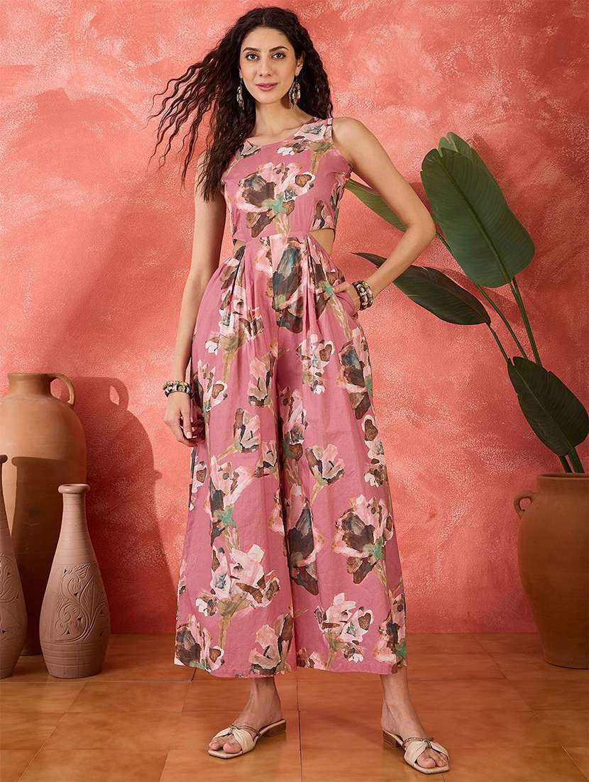 women printed sleeveless full leg jumpsuit