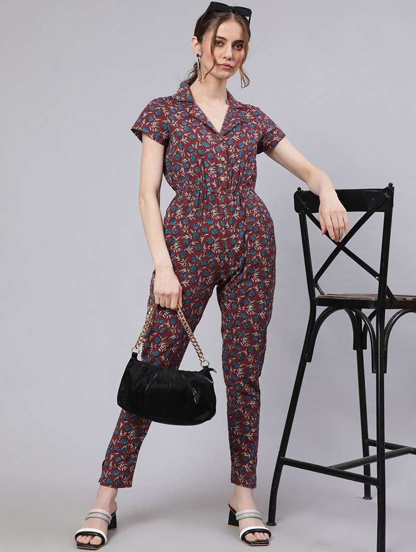women printed short sleeves full leg jumpsuit