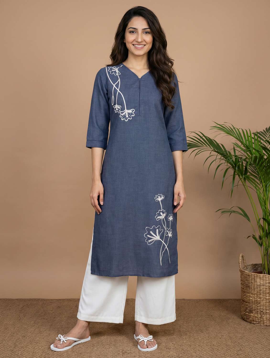 women embroidered three quarter sleeve straight kurta