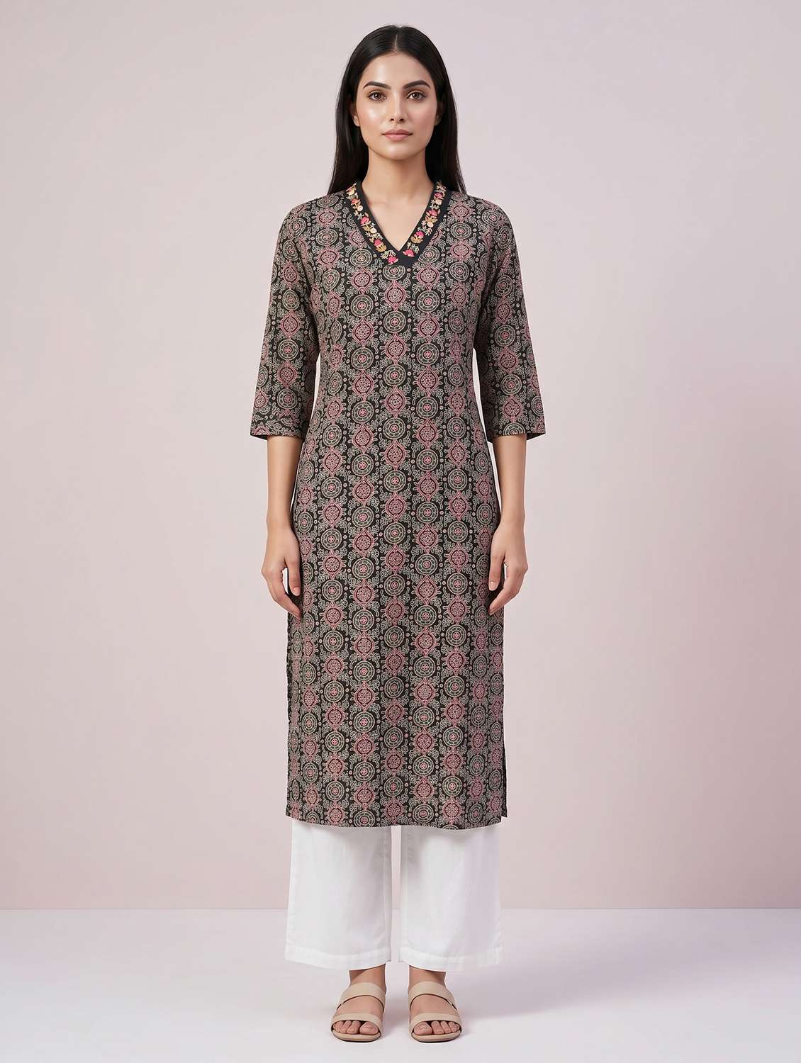 women printed three quarter sleeve straight kurta