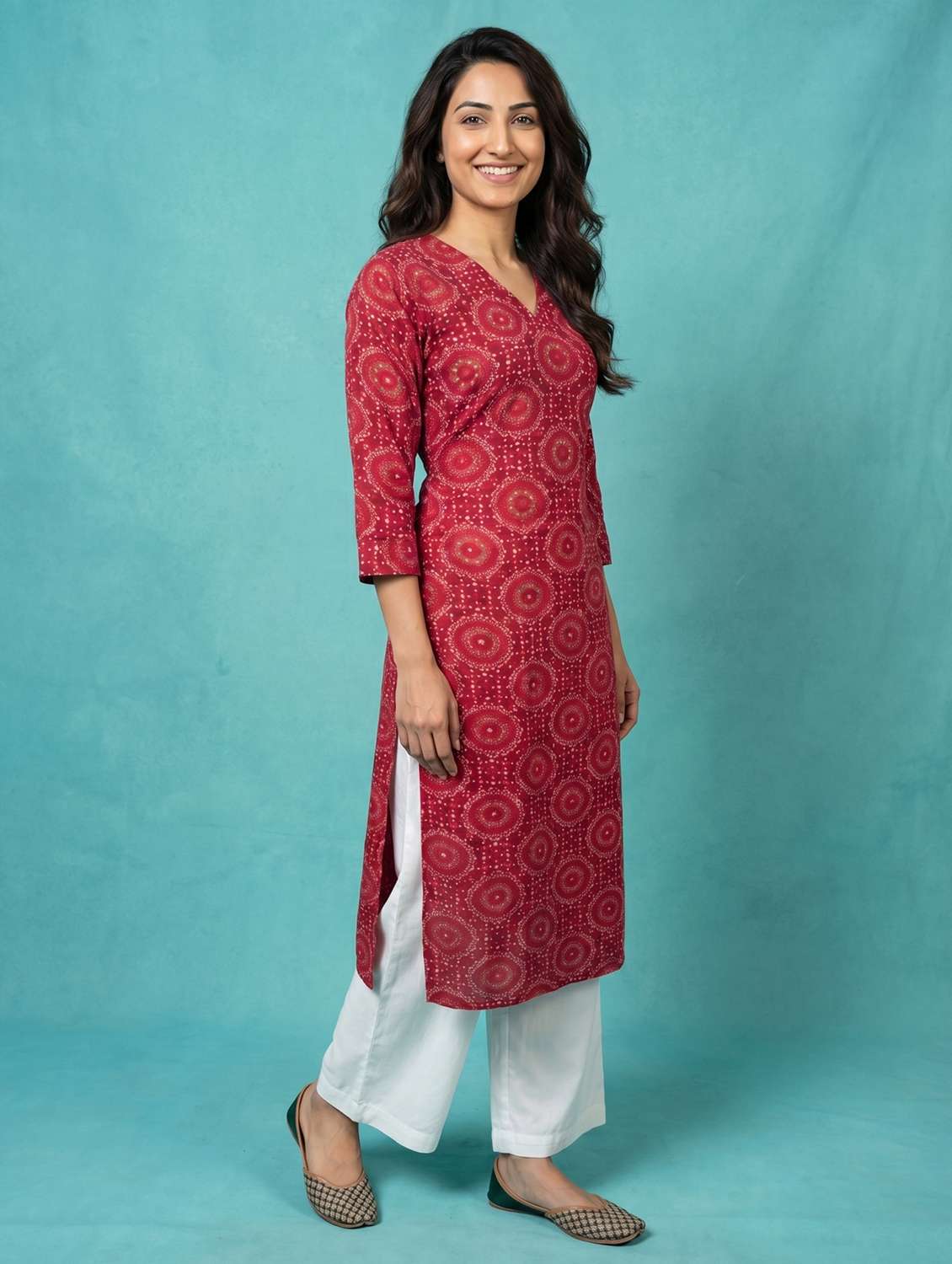 women bandhani three quarter sleeve straight kurta - 22579585 -  Standard Image - 3