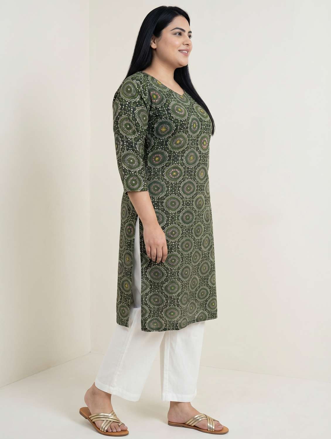 women bandhani three quarter sleeve straight kurta - 22579586 -  Standard Image - 3