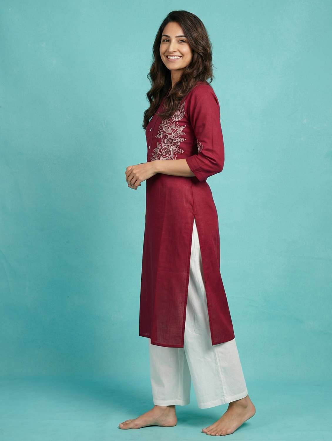 women embroidered three quarter sleeve straight kurta - 22579587 -  Standard Image - 3