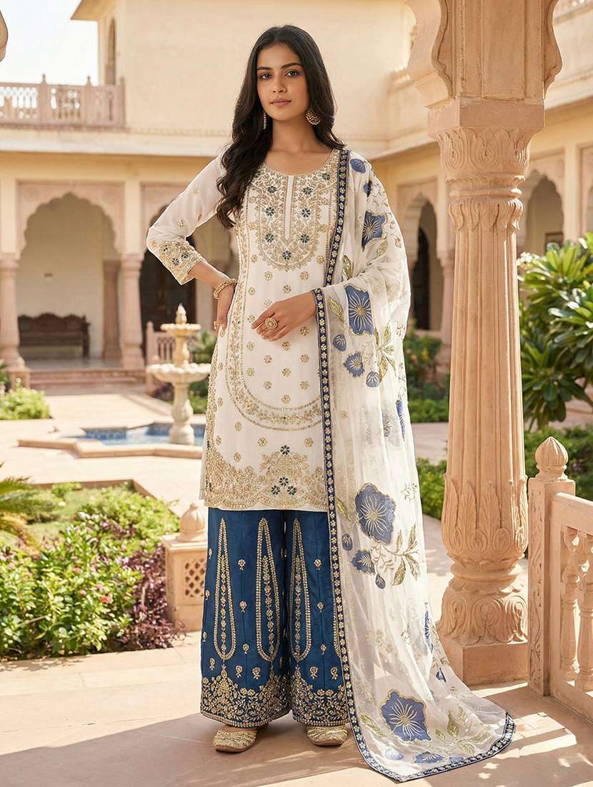 women embroidered three quarter sleeves kurta palazzo set with dupatta