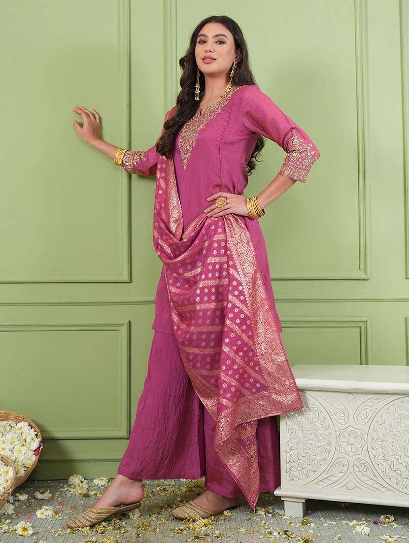 women embroidered three quarter sleeves kurta palazzo set with dupatta - 22579741 -  Standard Image - 3