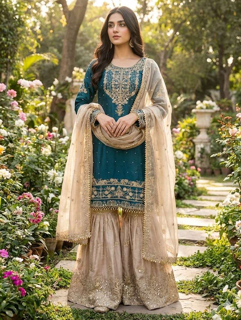 women embroidered long sleeves kurta sharara set with dupatta