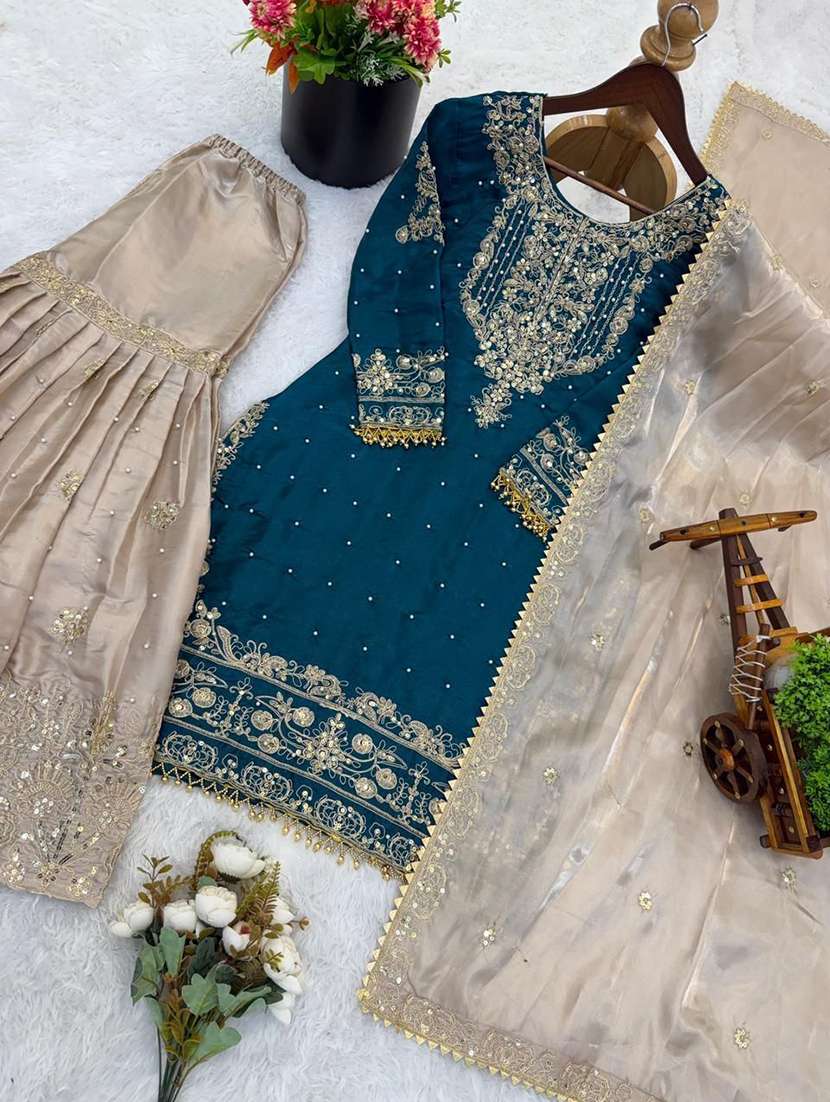 women embroidered long sleeves kurta sharara set with dupatta - 22579759 -  Standard Image - 3